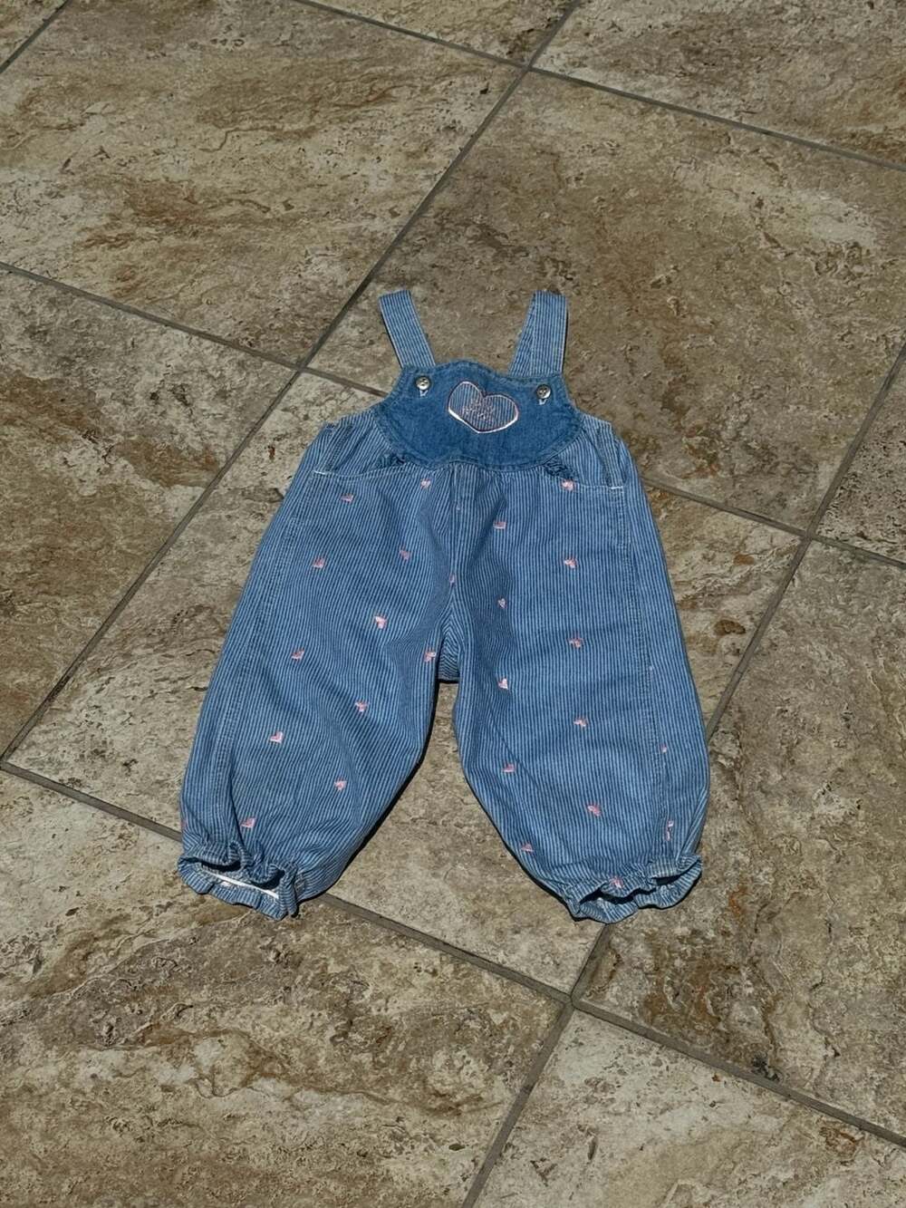 Vtg OshKosh B'gosh Blue Striped Heart Embroidered Bubble Overalls Size 18M